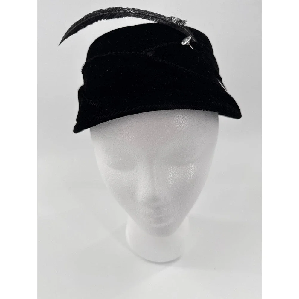 Pillbox Hat Women Black Velvet Feather Rhinestone‎ Pin Vintage